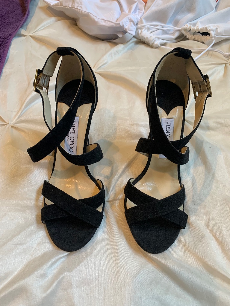 New Jimmy Choo Black Suede Leather Strap Heel Sandals Sz 39